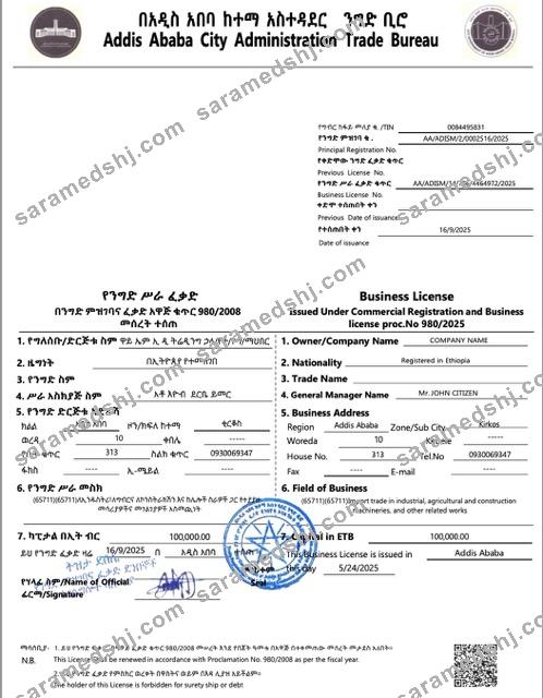 Ethiopia Addis Ababa business license Word and PDF template, version 2